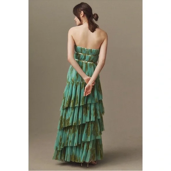 anthropologie green tulle dress Kavita Bhartia Deep-V Sheer Tiered Tulle Dress
